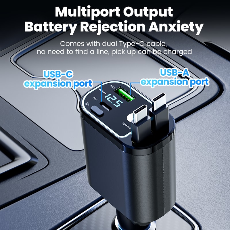 Samsung Fast Charging USB Type C Car Phone Charger, Car Charger With 2 Retractable Cable For iPhone With Star Lights
