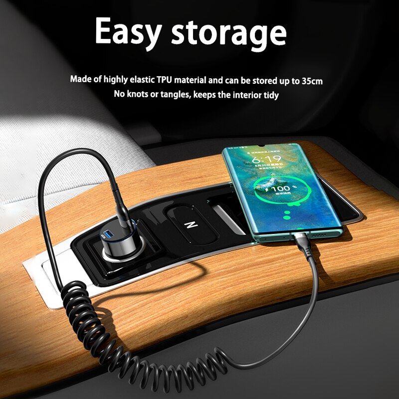 Portable USB Data Cable Fast Charge For Samsung Xiaomi Spring Car Phone Charger Type C 3