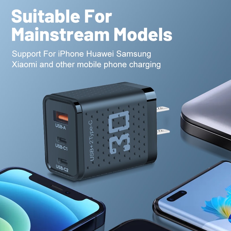 USB Type C Fast Charging Adapter For IPhone Samsung Xiaomi Huawei With 3 Ports QC30 Wall Charger 0