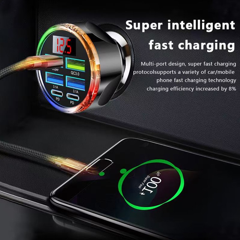 Dual PD USB C Car Charger Adapter 6 In 1 Voltage Display With Colorful Light Super Fast QC PPS Char 5