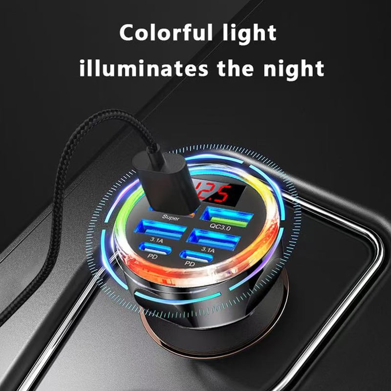 Dual PD USB C Car Charger Adapter 6 In 1 Voltage Display With Colorful Light Super Fast QC PPS Char 2