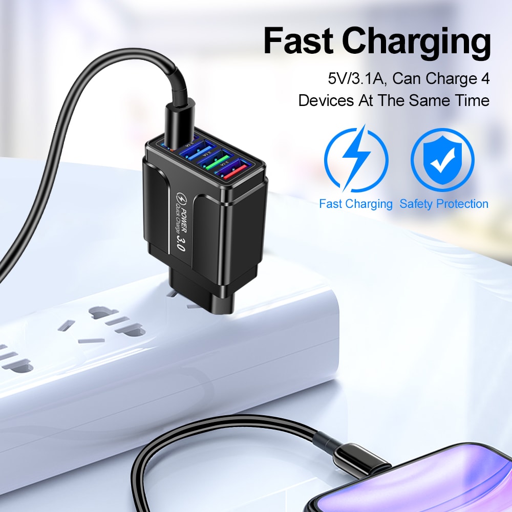 Portable Mobile Charger Fast 4 USB Charger Quick Charge 30 Wall Adapter For Xiaomi IPhone QC 30 5