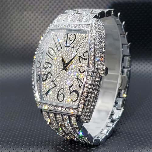 Diamond Silver Iced Out Quartz Watch, Stainless Steel Men's Watches Luxury, Big Dial Top Brand Waterproof