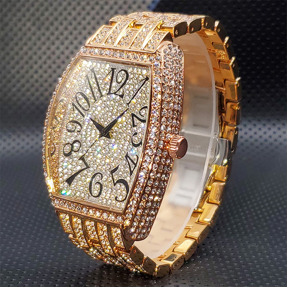 Diamond Silver Iced Out Quartz Watch, Stainless Steel Men's Watches Luxury, Big Dial Top Brand Waterproof