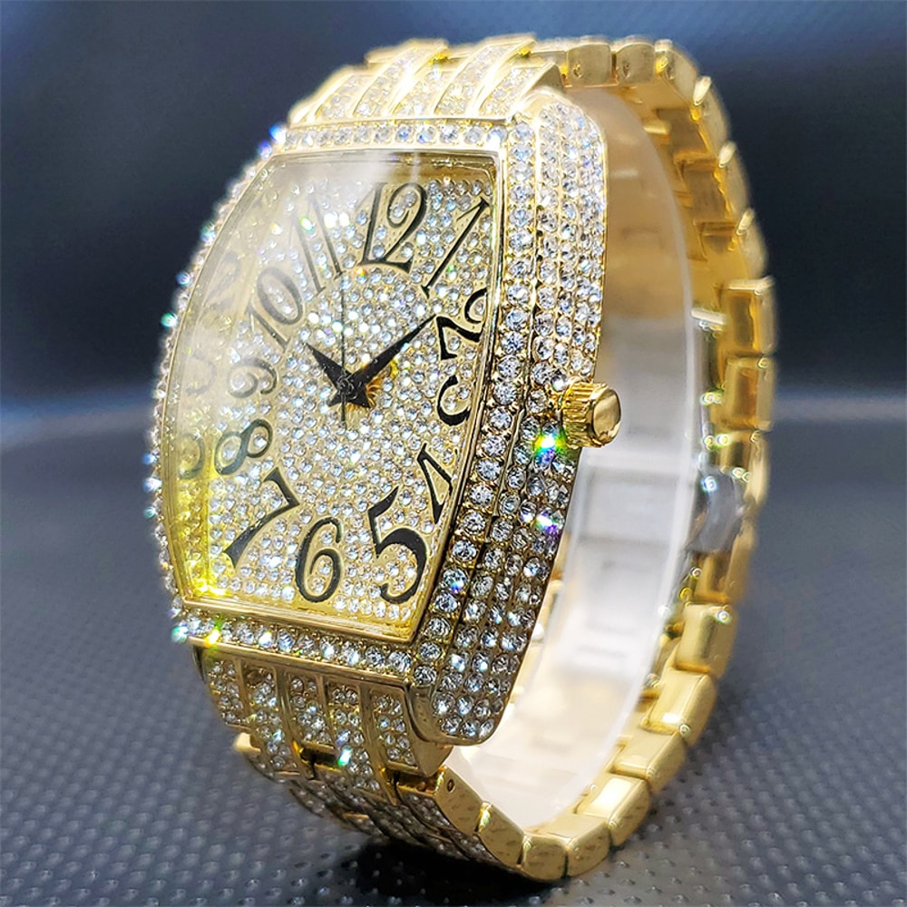 Diamond Silver Iced Out Quartz Watch, Stainless Steel Men's Watches Luxury, Big Dial Top Brand Waterproof