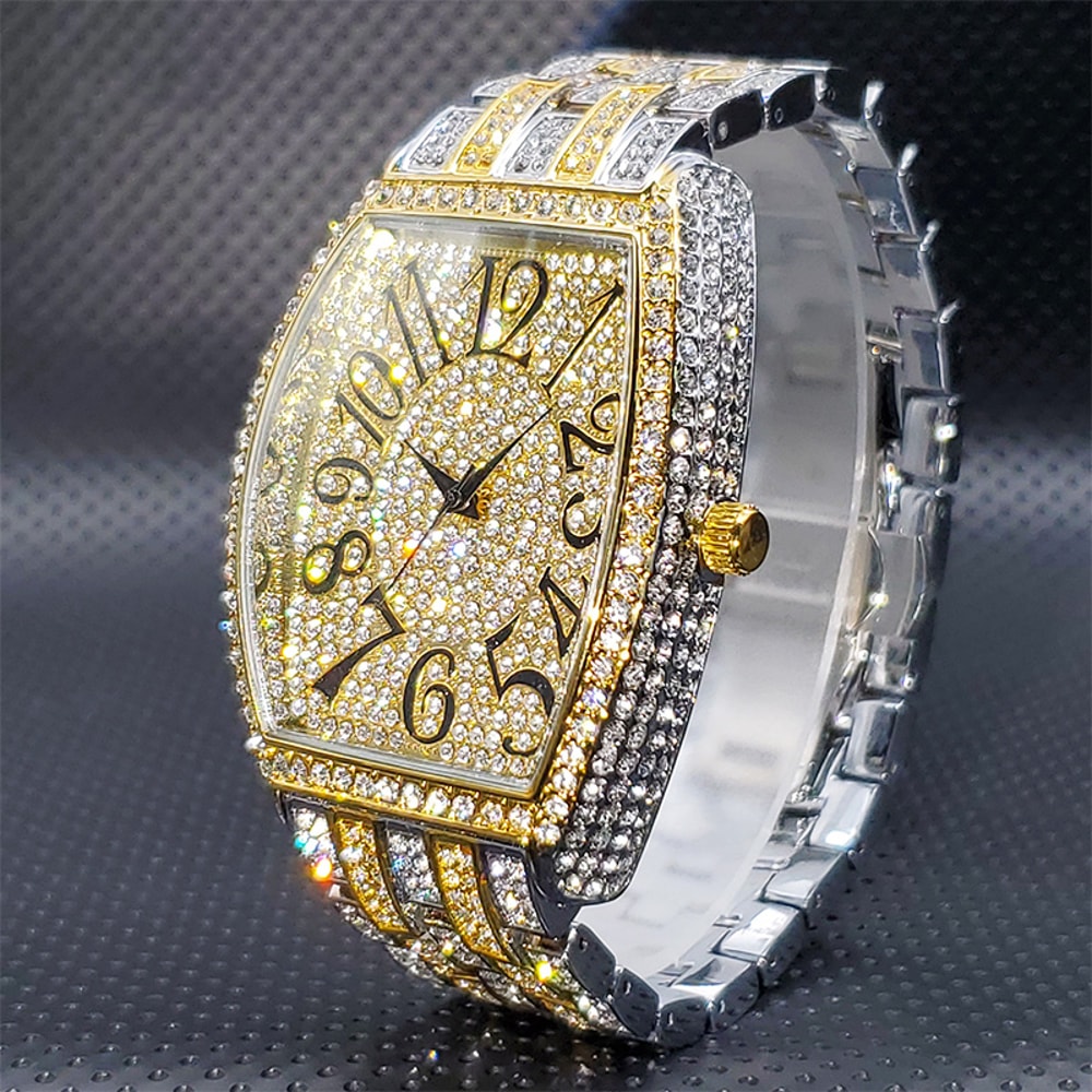 Diamond Silver Iced Out Quartz Watch, Stainless Steel Men's Watches Luxury, Big Dial Top Brand Waterproof