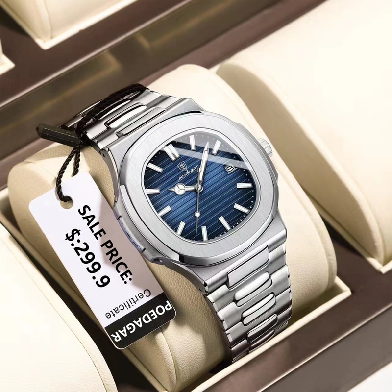 Luxury Brand Men Quartz Wristwatch Stainless Steel Waterproof Luminous Date Square Business Watch F 0