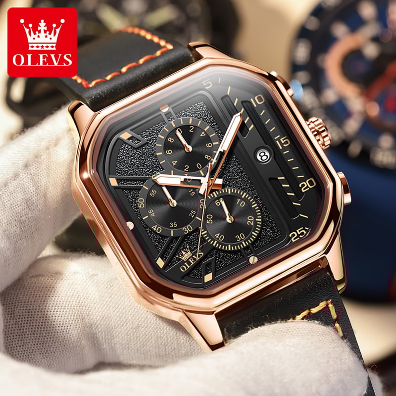 Square Waterproof Chronograph Quartz Watch Trend Brand Original Mens Watches Luminous Leather Strap 3