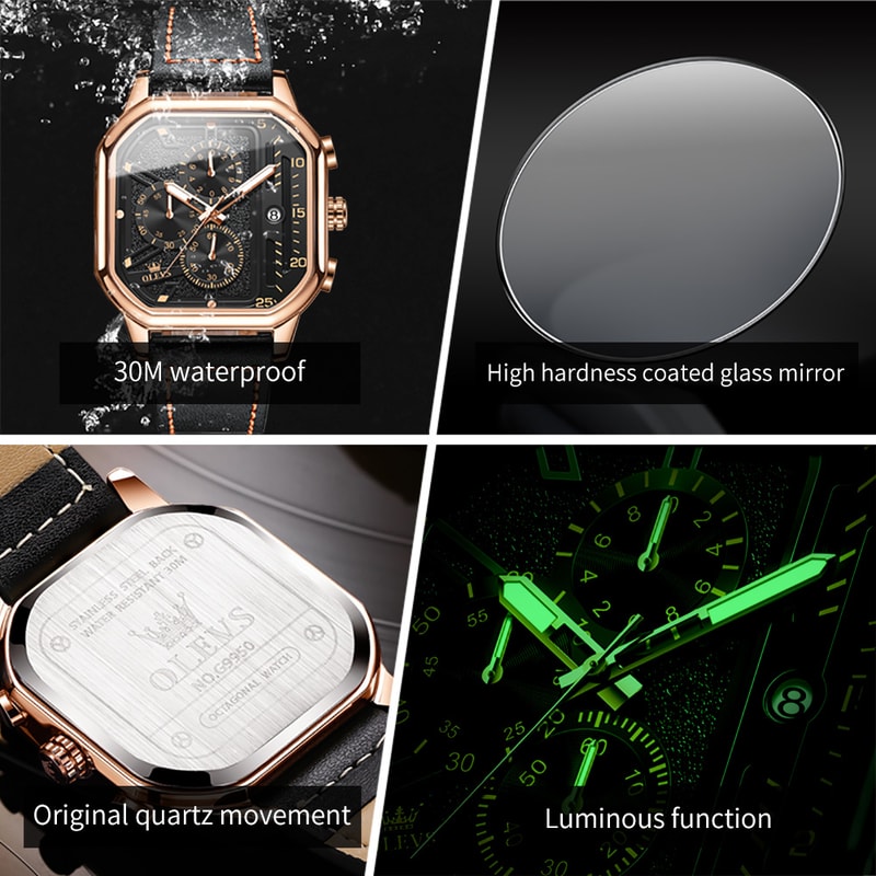 Square Waterproof Chronograph Quartz Watch Trend Brand Original Mens Watches Luminous Leather Strap 4