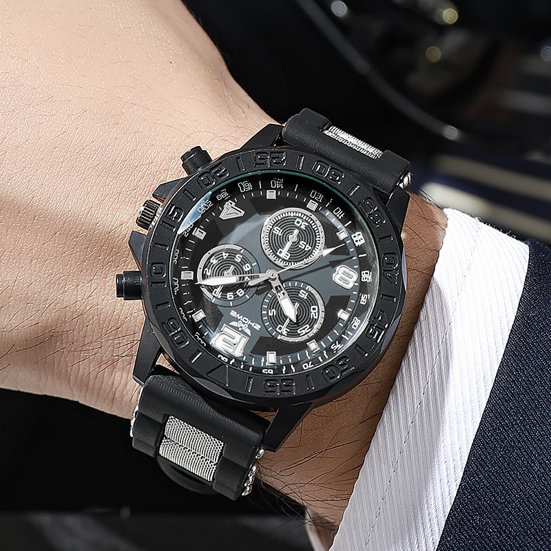 Light luxury refined fake three eye, mixed bar scale dial silicone quartz watch, elegant wristwear