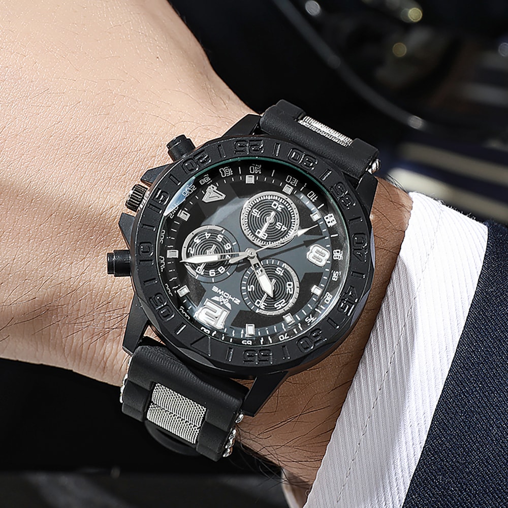 Light luxury refined fake three eye, mixed bar scale dial silicone quartz watch, elegant wristwear