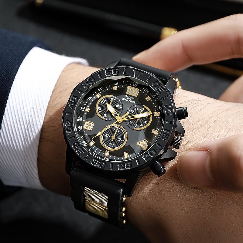 Light luxury refined fake three eye, mixed bar scale dial silicone quartz watch, elegant wristwear