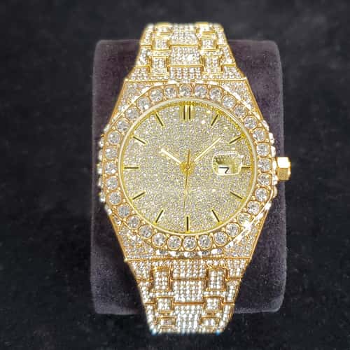 Famous Brand Fashion Iced Out Quartz Wristwatch, Luxury Diamond Gold Watches for Men, Shiny Stainless Steel