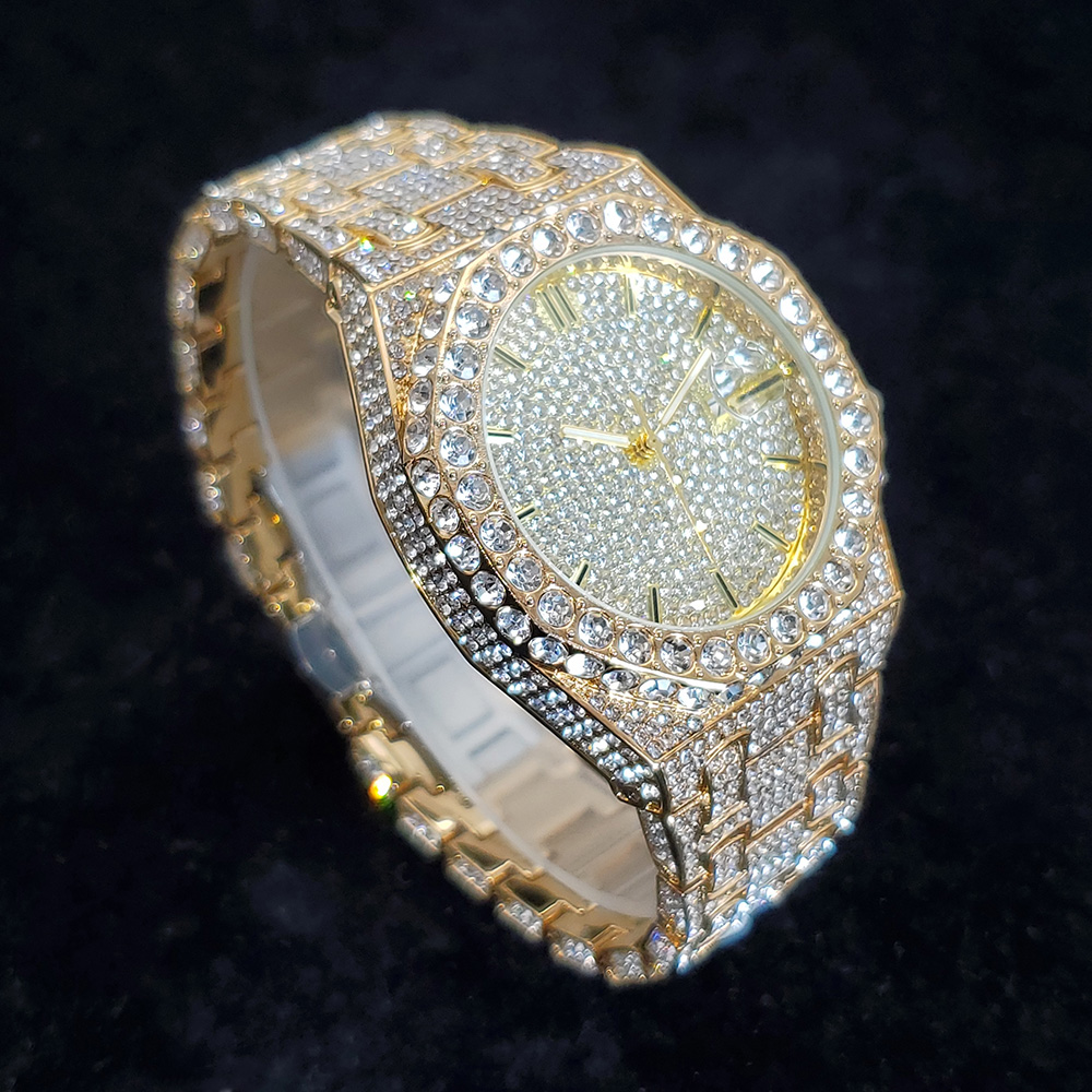 Famous Brand Fashion Iced Out Quartz Wristwatch Luxury Diamond Gold Watches For Men Shiny Stainless 1