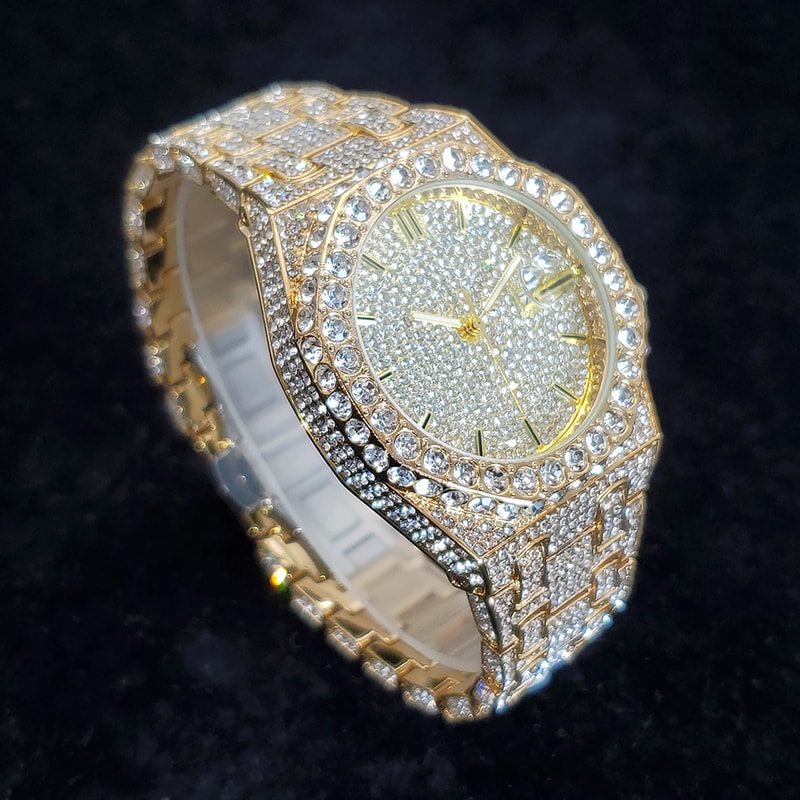 Famous Brand Fashion Iced Out Quartz Wristwatch Luxury Diamond Gold Watches For Men Shiny Stainless 1