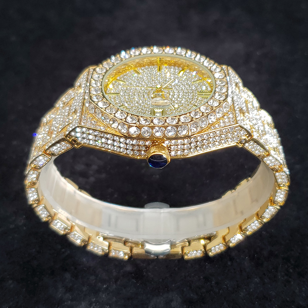 Famous Brand Fashion Iced Out Quartz Wristwatch Luxury Diamond Gold Watches For Men Shiny Stainless 3