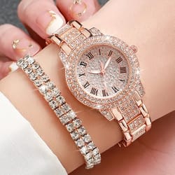 roman quartz watch with double row diamond bracelet gift set, luxury fashion alloy full diamond