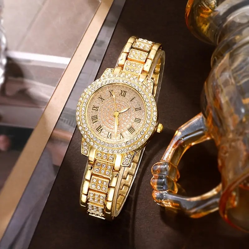 Roman Quartz Watch With Double Row Diamond Bracelet Gift Set Luxury Fashion Alloy Full Diamond 2