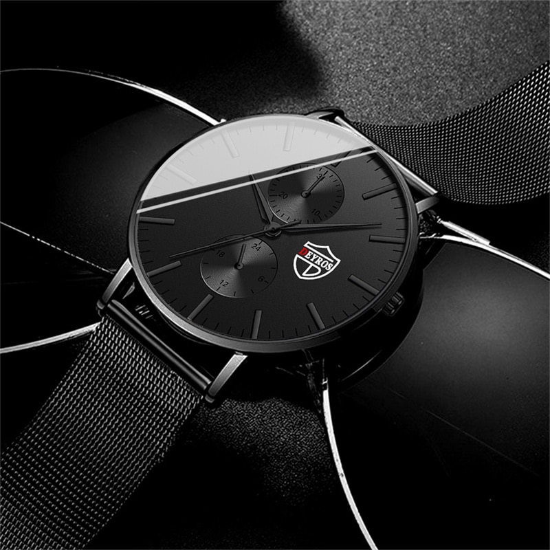 Men Business Casual Quartz Wrist Watch, Luxury Black Stainless Steel Mesh Belt, Ultra Thin Design