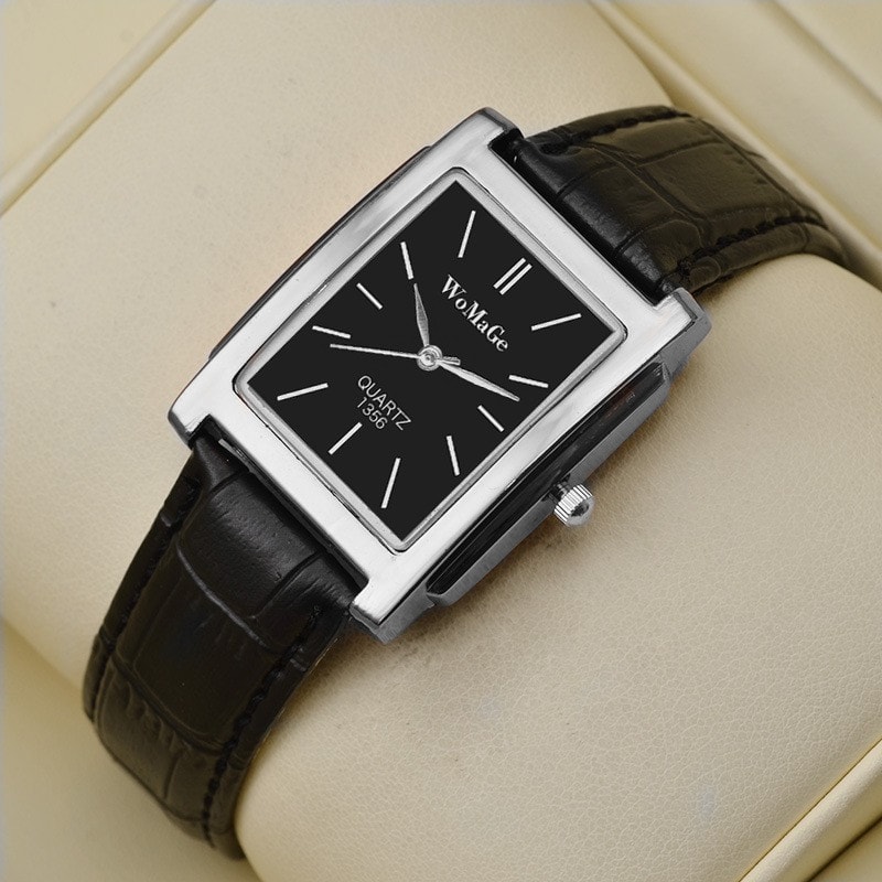 Luxury Quartz Clock Men Square Watch Black White Case Leather Band For Women And Men 2