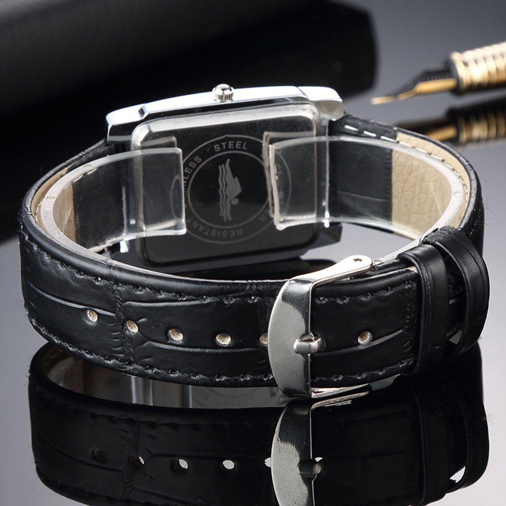 Luxury Quartz Clock Men Square Watch Black White Case Leather Band For Women And Men 5