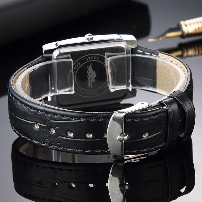 Luxury Quartz Clock Men Square Watch Black White Case Leather Band For Women And Men 5