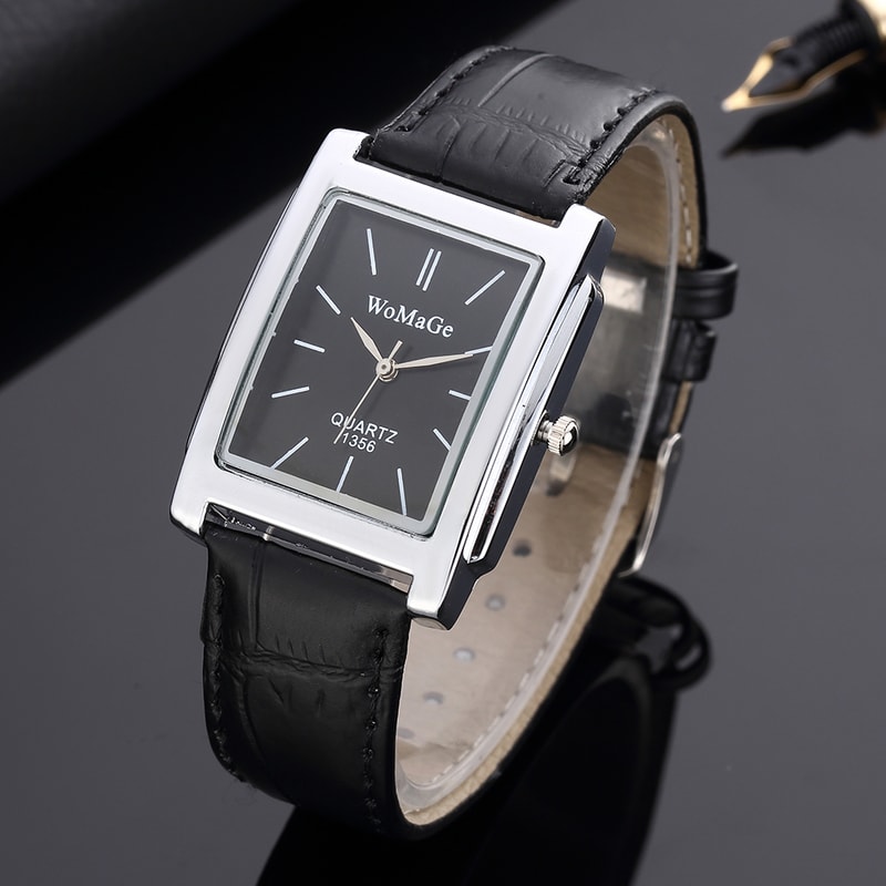 Luxury Quartz Clock Men Square Watch Black White Case Leather Band For Women And Men 3