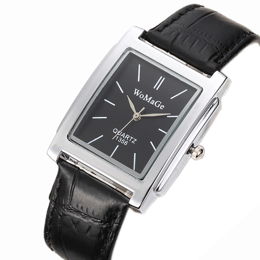 Luxury Quartz Clock Men Square Watch Black White Case Leather Band For Women And Men 6