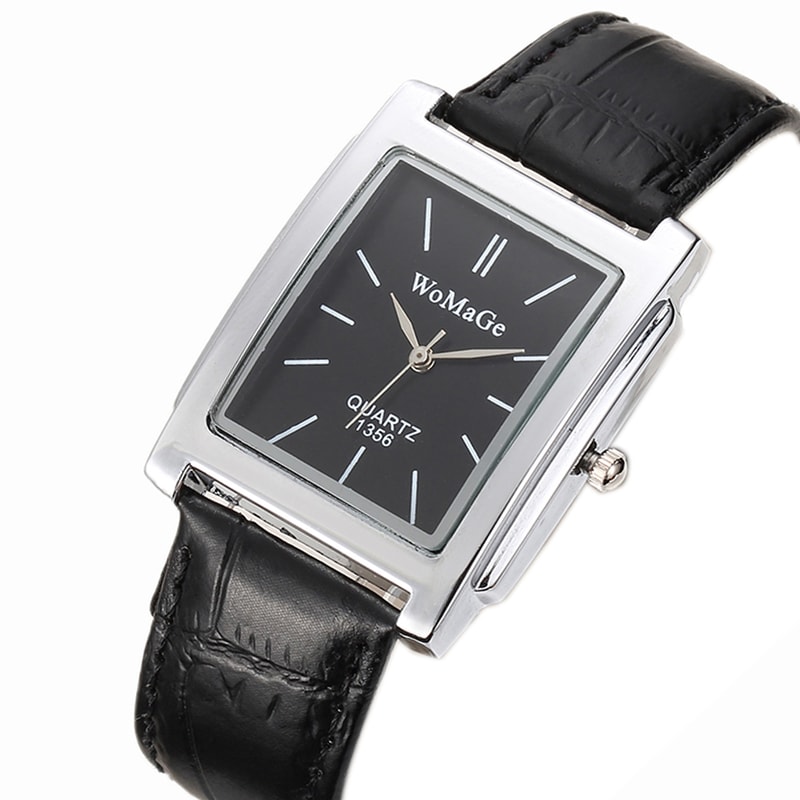 Luxury Quartz Clock Men Square Watch Black White Case Leather Band For Women And Men 6