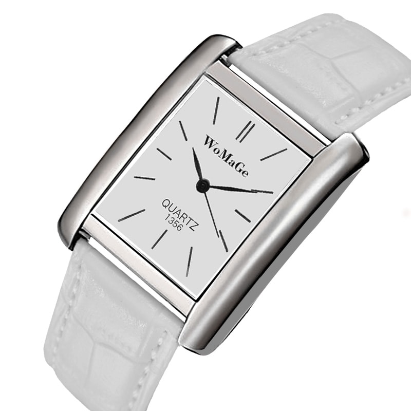 Luxury Quartz Clock Men Square Watch Black White Case Leather Band For Women And Men 8