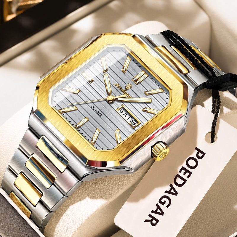 Stainless Steel Luxury Square Male Watch Waterproof Luminous Date Week Quartz Watches For Men Fashi 14