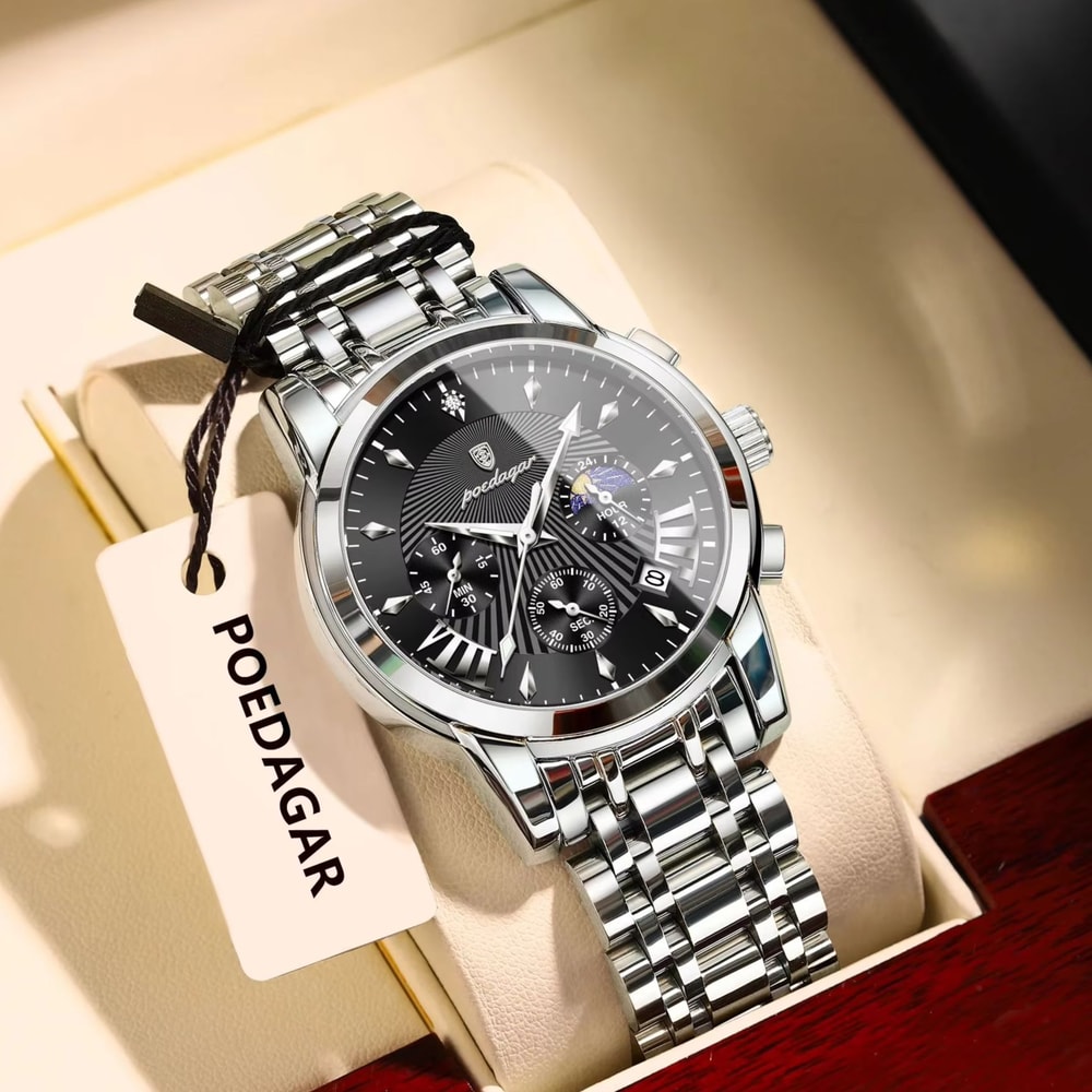 Mens Quartz Watches Stainless Steel Chronograph Original Military Waterproof Luminous Date Watch 1