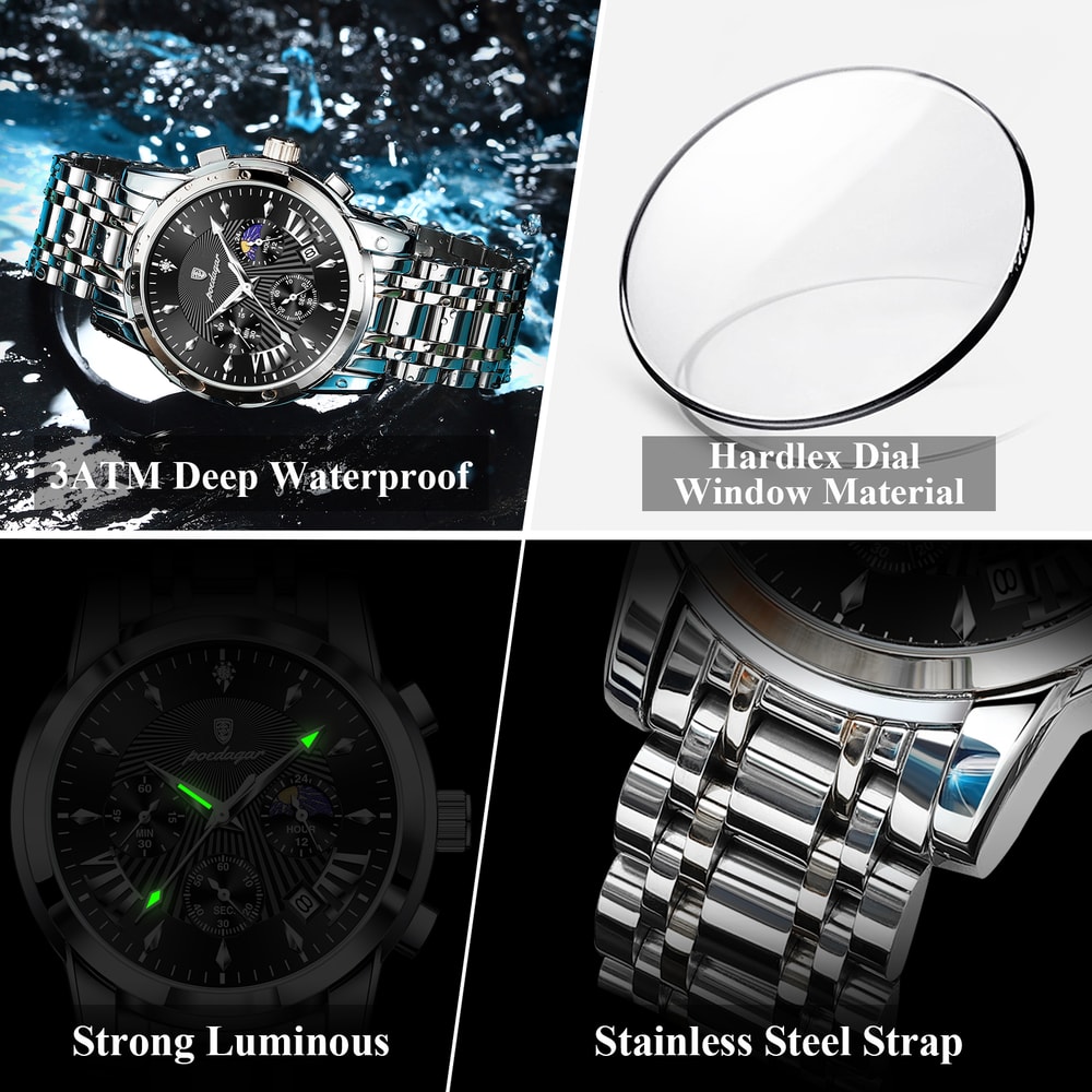 Mens Quartz Watches Stainless Steel Chronograph Original Military Waterproof Luminous Date Watch 3