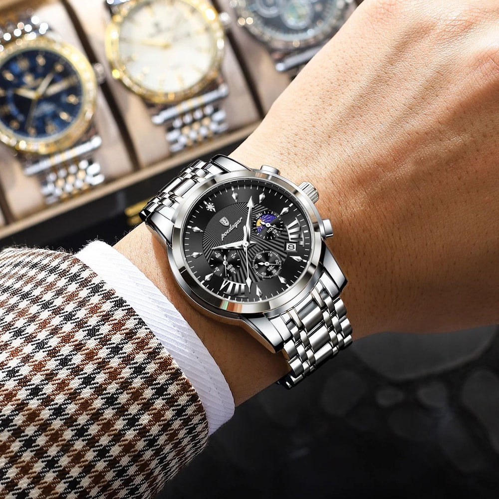 Mens Quartz Watches Stainless Steel Chronograph Original Military Waterproof Luminous Date Watch 4