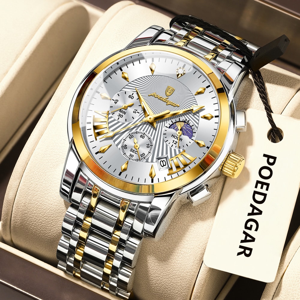 Mens Quartz Watches Stainless Steel Chronograph Original Military Waterproof Luminous Date Watch 7