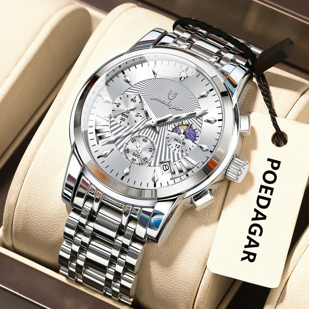 Mens Quartz Watches Stainless Steel Chronograph Original Military Waterproof Luminous Date Watch 9