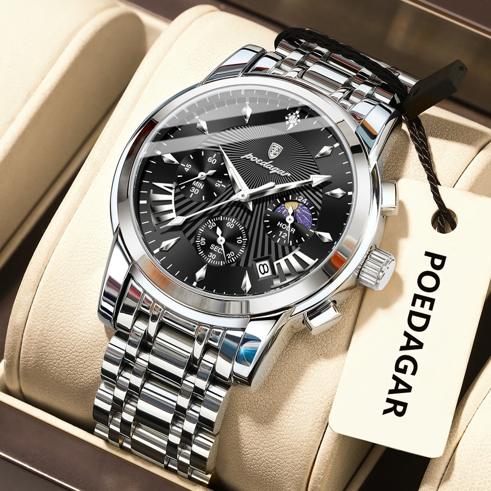 Mens Quartz Watches Stainless Steel Chronograph Original Military Waterproof Luminous Date Watch 6