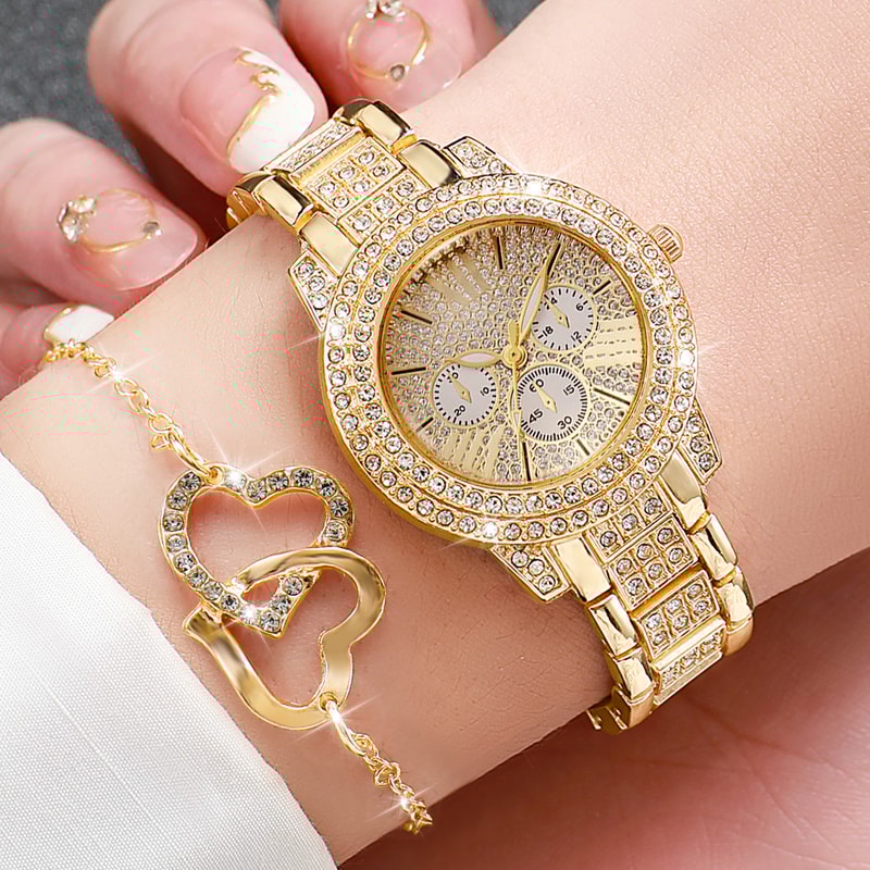 Ladies Fashion Luxury Three Eyes Dial Wristwatch Full Diamond Alloy Strap With Heart Jewelry Set 2