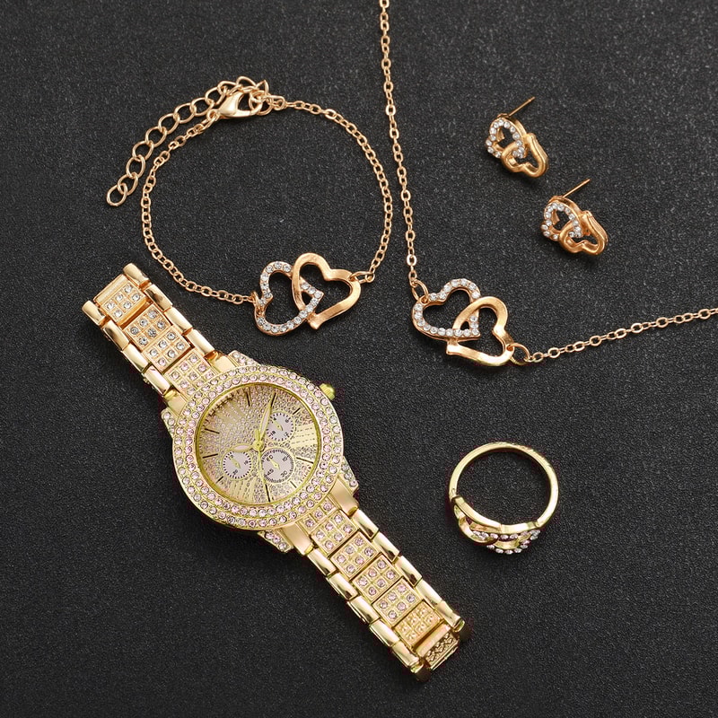 Ladies Fashion Luxury Three Eyes Dial Wristwatch Full Diamond Alloy Strap With Heart Jewelry Set 1