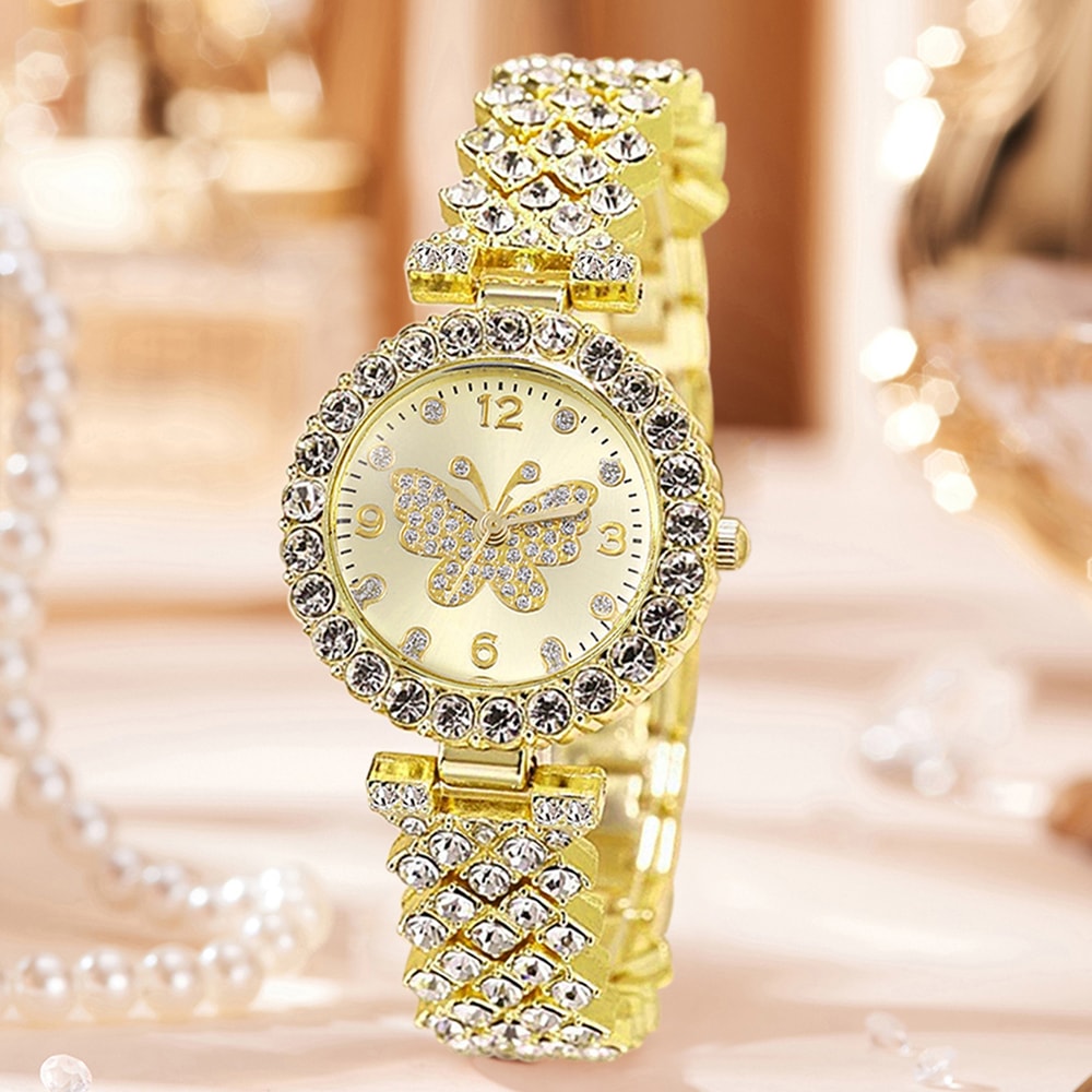 Luxury Women Quartz Watch Bracelet Set with Golden Butterfly Element, Trendy Fashion for Daily Use