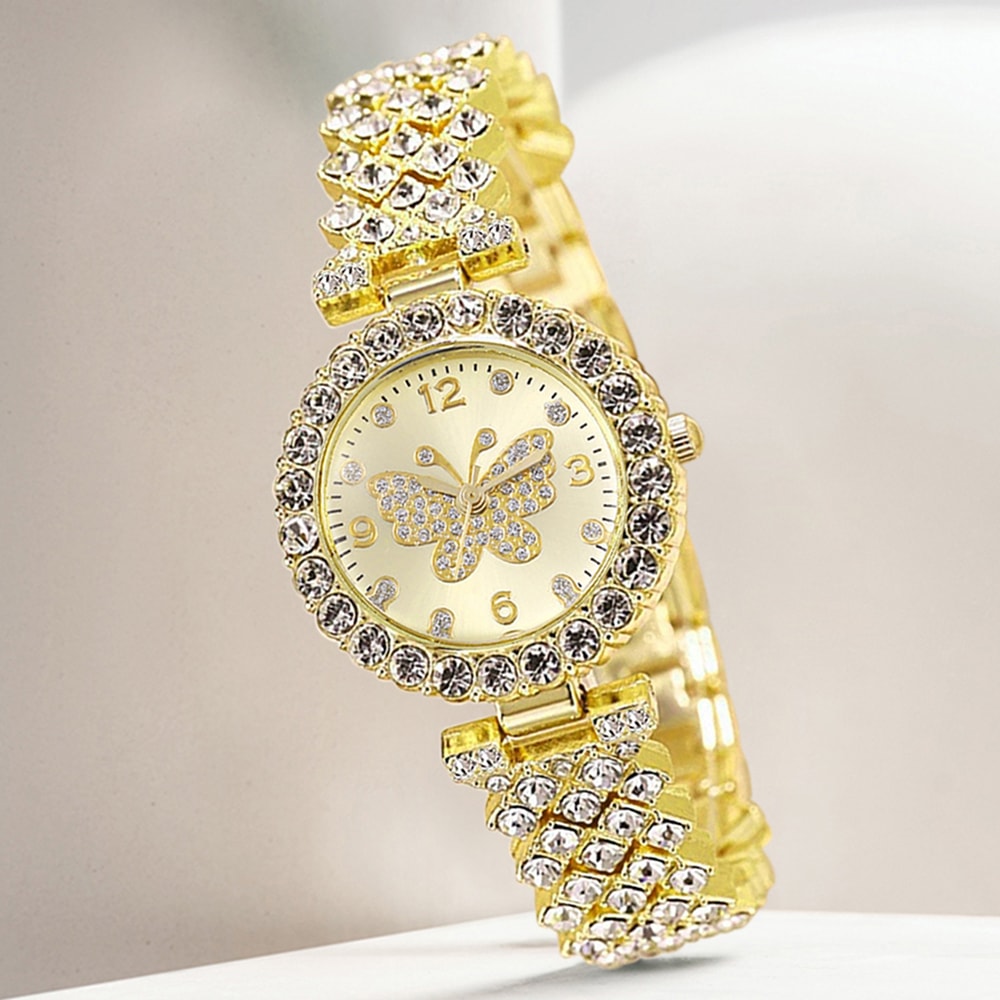 Luxury Women Quartz Watch Bracelet Set with Golden Butterfly Element, Trendy Fashion for Daily Use