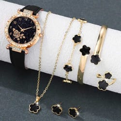 elegant women's watch set with flower element dial, quartz watch, bracelet, necklace, ring, and earrings