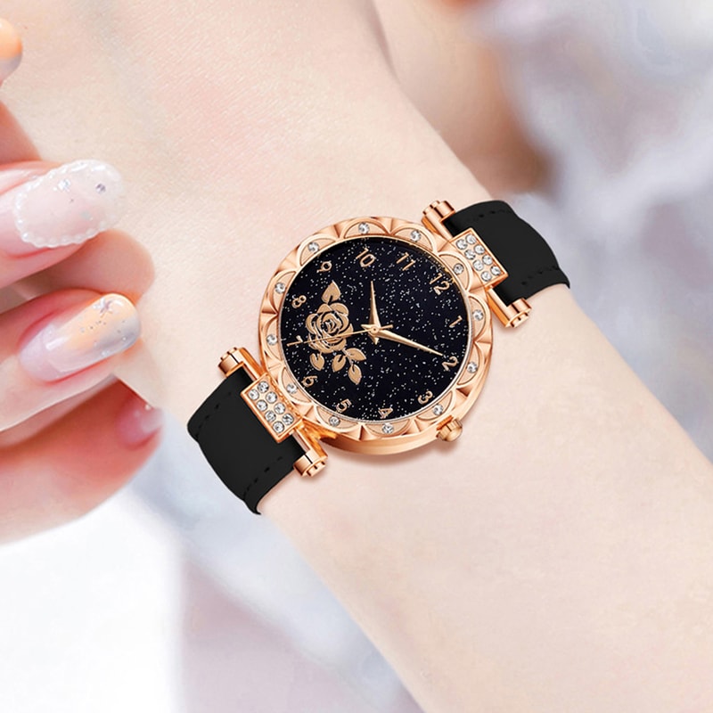 Elegant Women's Watch Set with Flower Element Dial, Quartz Watch, Bracelet, Necklace, Ring, and Earrings