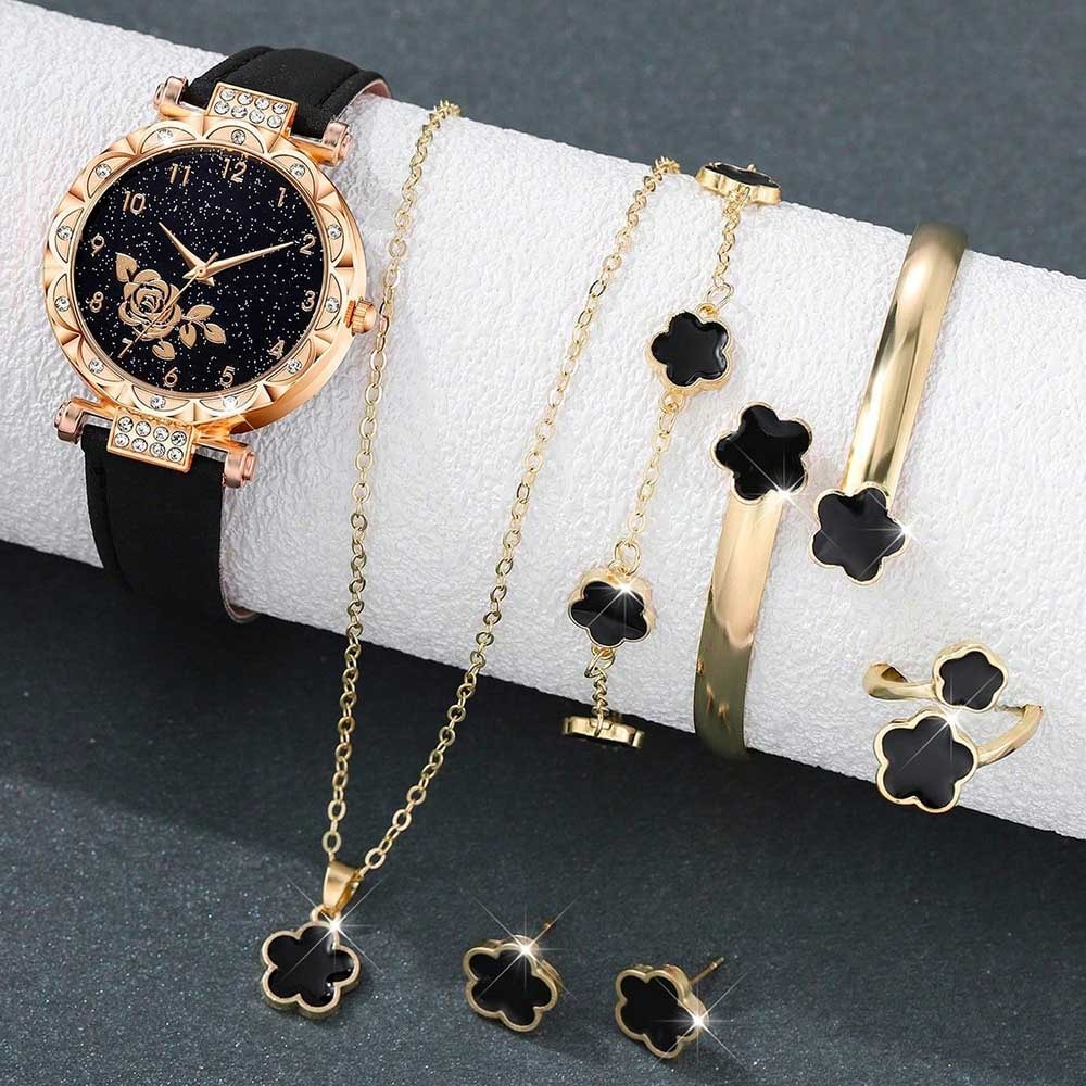 Elegant Women's Watch Set with Flower Element Dial, Quartz Watch, Bracelet, Necklace, Ring, and Earrings