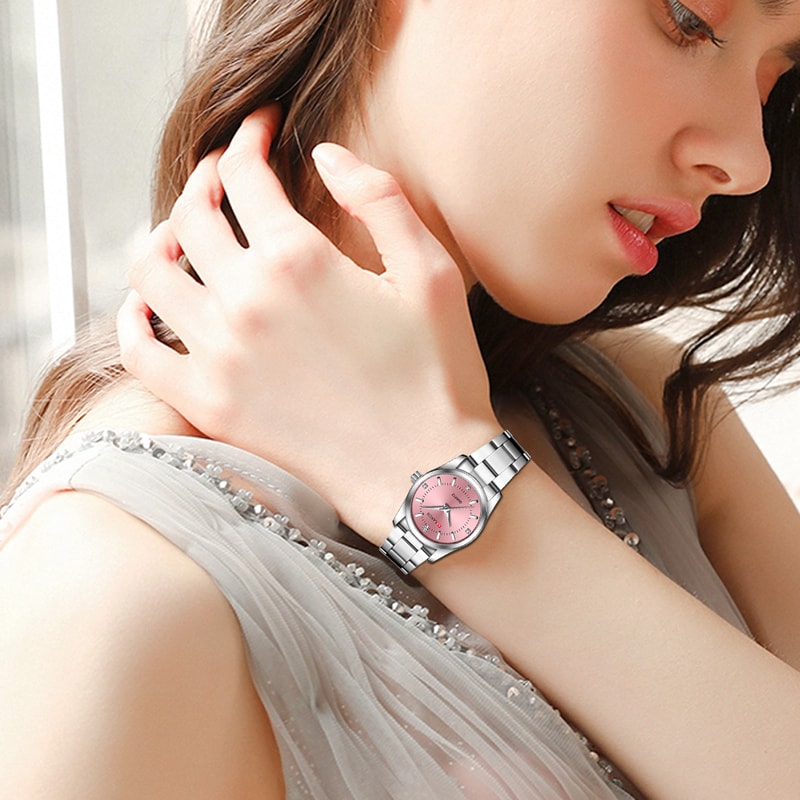 Fashionable Stainless Steel Rhinestone Pink Luxury Women's Watch, Minimalist Girl Clock for Outdoor Travel
