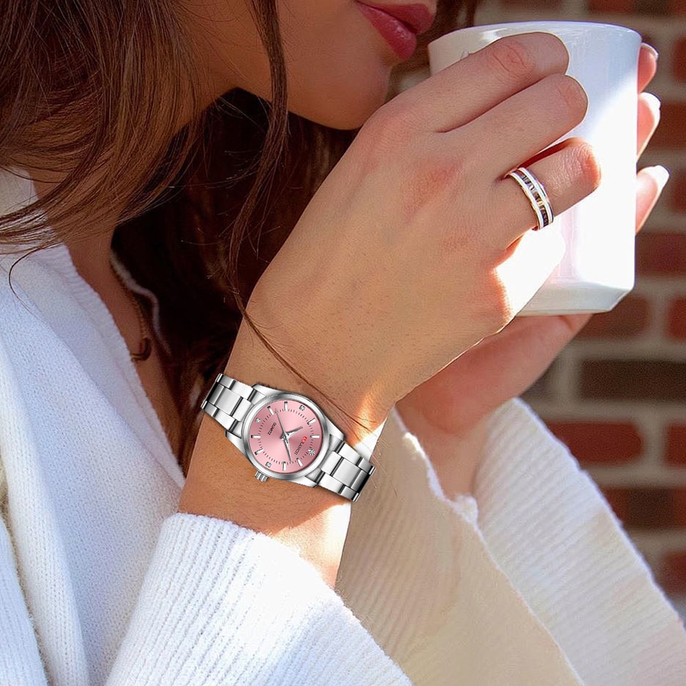 Fashionable Stainless Steel Rhinestone Pink Luxury Women's Watch, Minimalist Girl Clock for Outdoor Travel