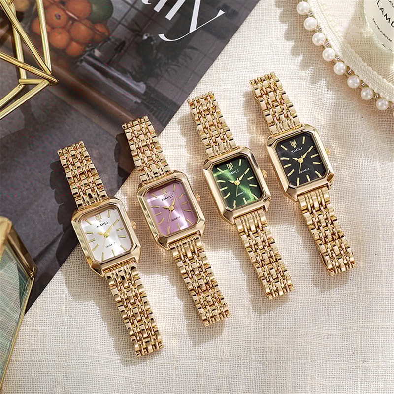 Luxury Ladies Quartz Wristwatches, Women's Fashion Square Watches, Gold Alloy Strap Female Roman Scale Clock