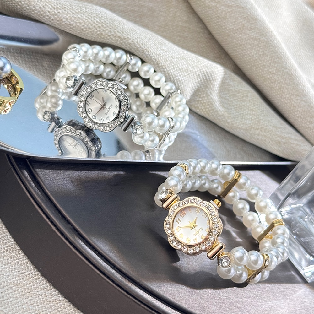 Elegant Pearl Diamond-Encrusted Watch, Vintage Luxury Bracelet Style for Ladies, Convenient Quartz Wristwatch