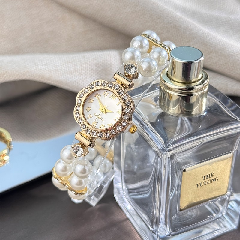 Elegant Pearl Diamond-Encrusted Watch, Vintage Luxury Bracelet Style for Ladies, Convenient Quartz Wristwatch