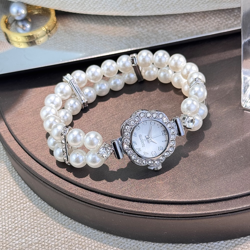 Elegant Pearl Diamond-Encrusted Watch, Vintage Luxury Bracelet Style for Ladies, Convenient Quartz Wristwatch